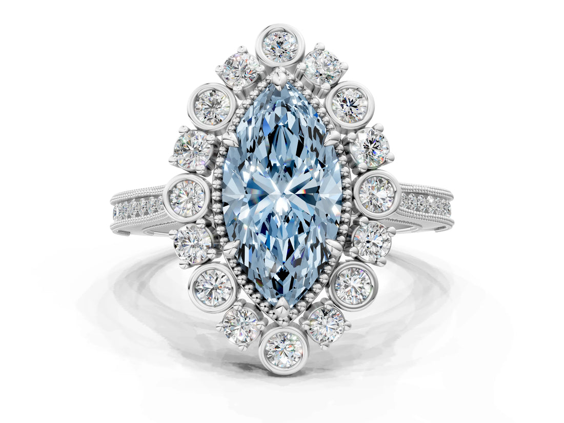 Silver Fancy Blue Marquise  Halo Milgrain Pave Diamond Ring with Four-Prong Setting