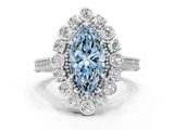 Silver Fancy Blue Marquise  Halo Milgrain Pave Diamond Ring with Four-Prong Setting