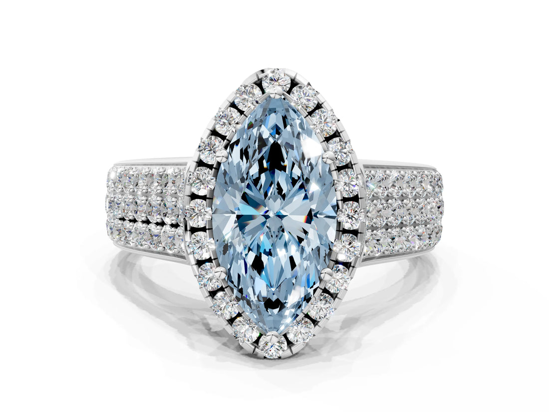 Silver Fancy Blue Marquise  Halo Round Diamond Pave Band with Prong Setting