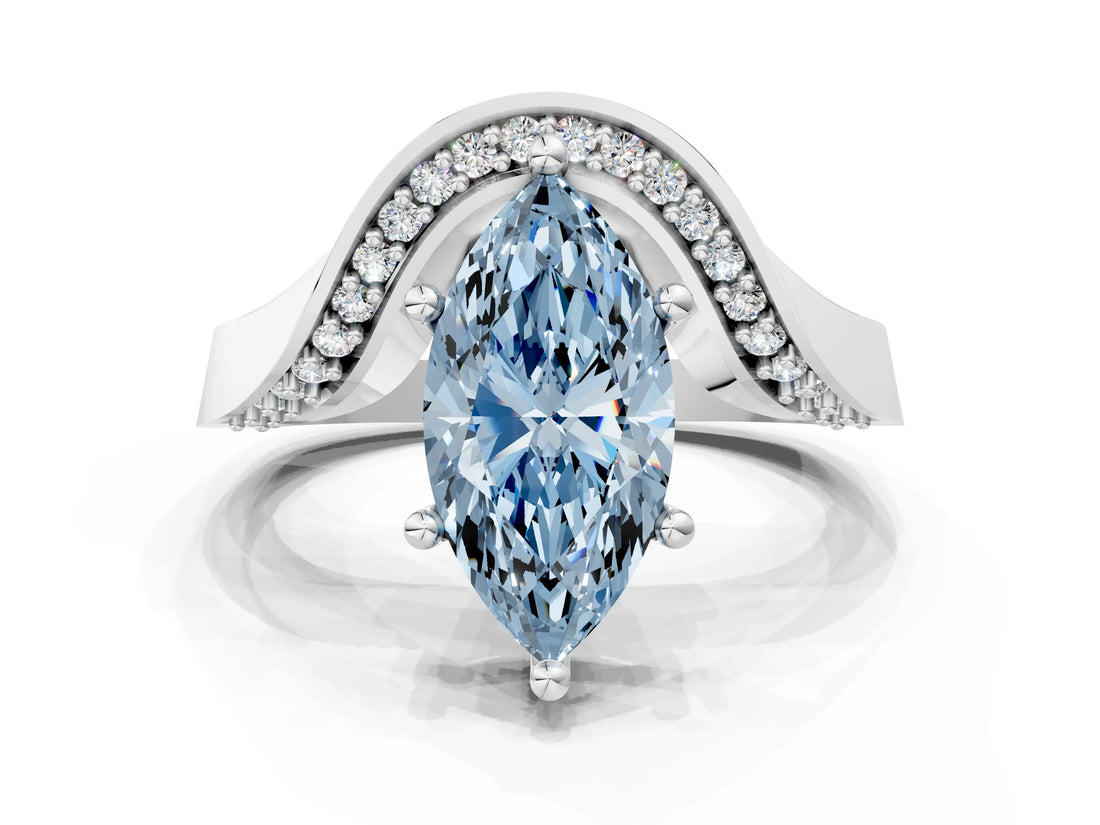 Silver Fancy Blue Marquise  Solitaire Diamond Engagement Ring with Pave Band and Four-Prong Setting 1