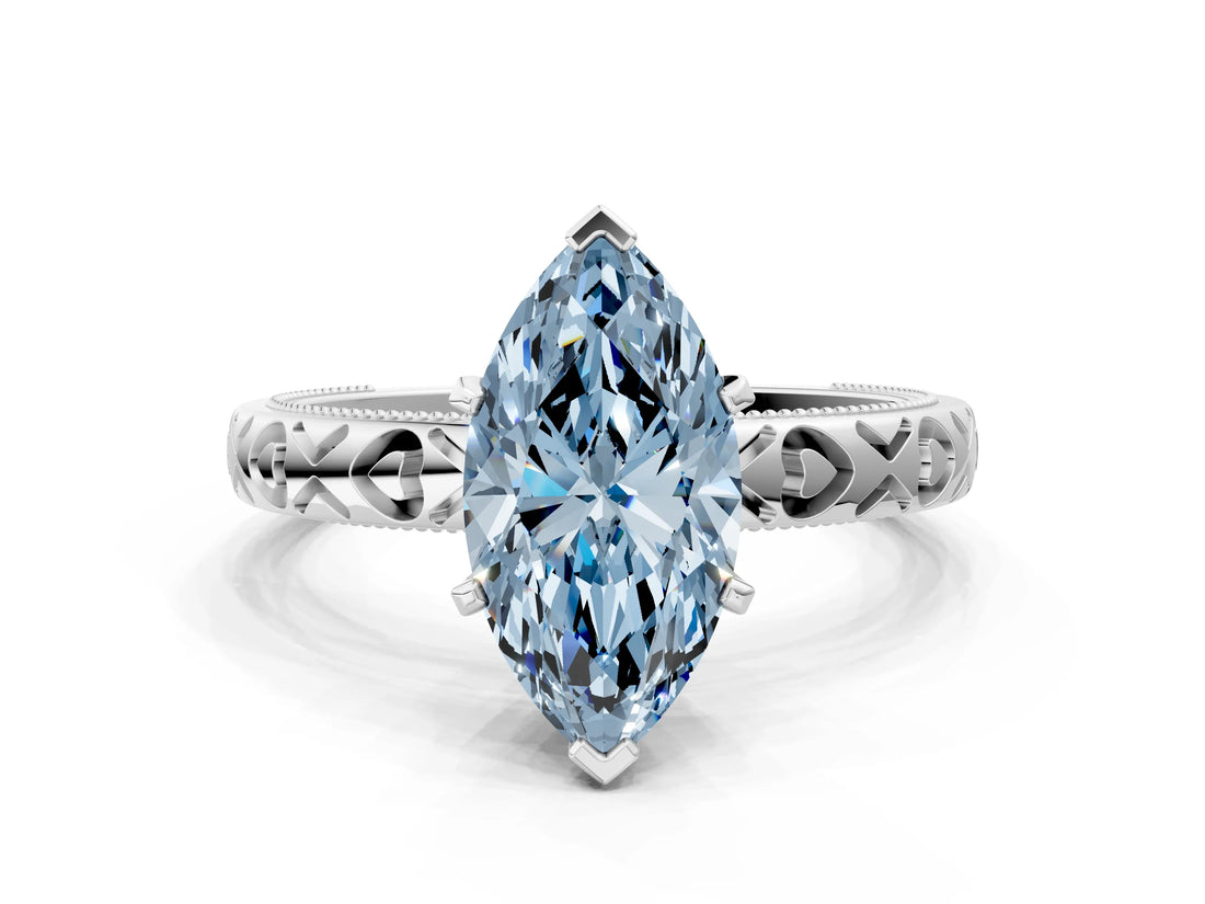 Silver Fancy Blue Marquise  Solitaire Diamond Engagement Ring with XO Engraved Band and Four-Prong Setting