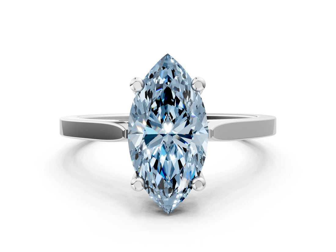 Silver Fancy Blue Marquise  Solitaire Diamond Ring with Four-Prong Setting and Tapered Band 2