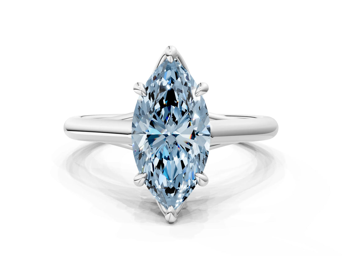 Silver Fancy Blue Marquise  Solitaire Engagement Ring with Six-Prong Setting and Classic Band