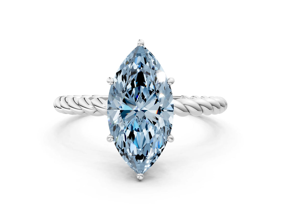 Silver Fancy Blue Marquise  Solitaire Twist Band Ring with Four-Prong Setting