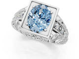 Silver Fancy Blue Oval Cut Brilliant Milgrain Filigree Diamond Ring with Square Prong Setting_7
