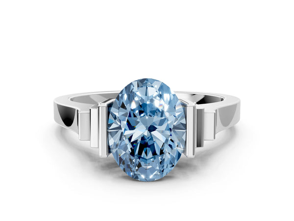 Silver Fancy Blue Oval Cut Brilliant Solitaire Diamond Ring with Channel Set Band and Bar Prong Setting