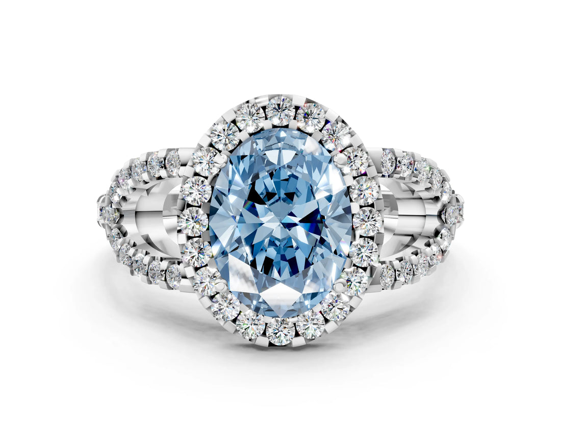Silver Fancy Blue Oval Cut Cut Diamond Halo Engagement Ring with Open Split Pavé Band_6