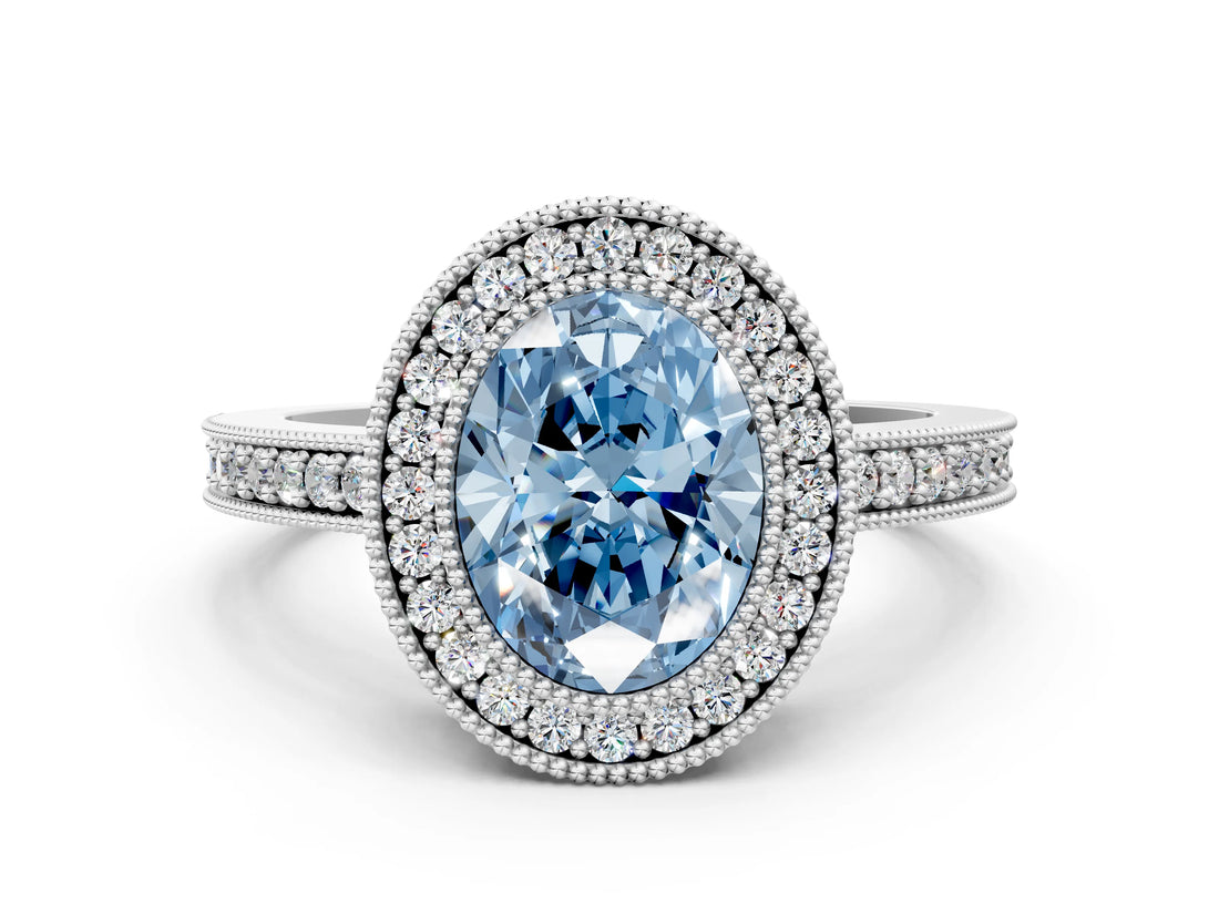 Silver Fancy Blue Oval Cut-Cut Diamond Halo Engagement Ring with Pave Band and Prong Setting_6