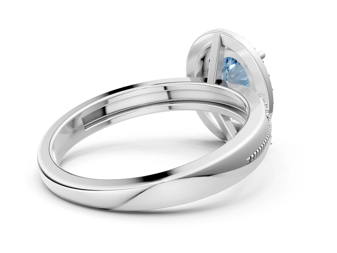 Silver Fancy Blue Oval Cut Diamond Double Halo Ring with Split Shank and Four-Prong Setting_6