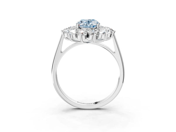 Sterling Silver Oval Floral Double Halo Engagement Ring Setting for Fancy Blue Center