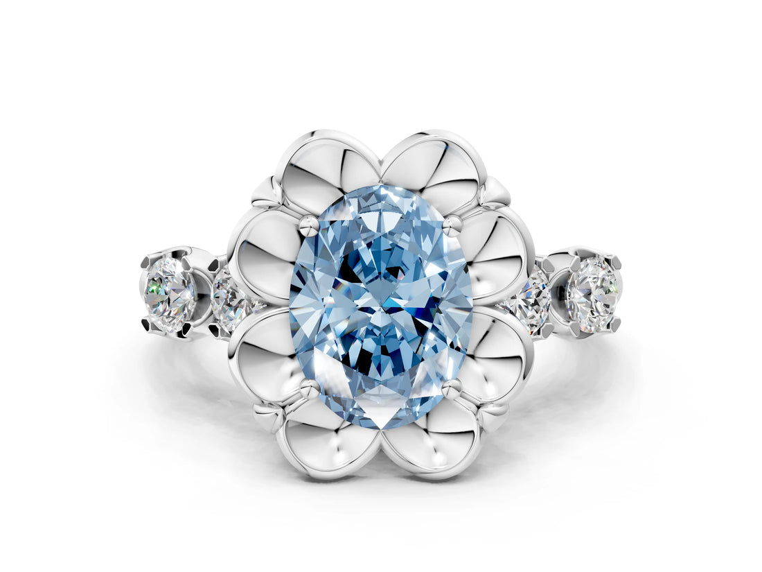 Silver Fancy Blue Oval  Cut Diamond Floral Halo Engagement Ring with Shared Prong Setting 1