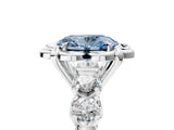 Silver Fancy Blue Oval  Cut Diamond Floral Halo Engagement Ring with Shared Prong Setting
