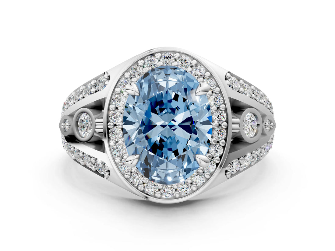 Silver Fancy Blue Oval Cut Diamond Halo Ring with Split Shank and Bezel Accents and Four-Prong Setting_6