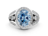 Silver Fancy Blue Oval Cut Diamond Halo Ring with Split Shank and Bezel Accents and Four-Prong Setting_6