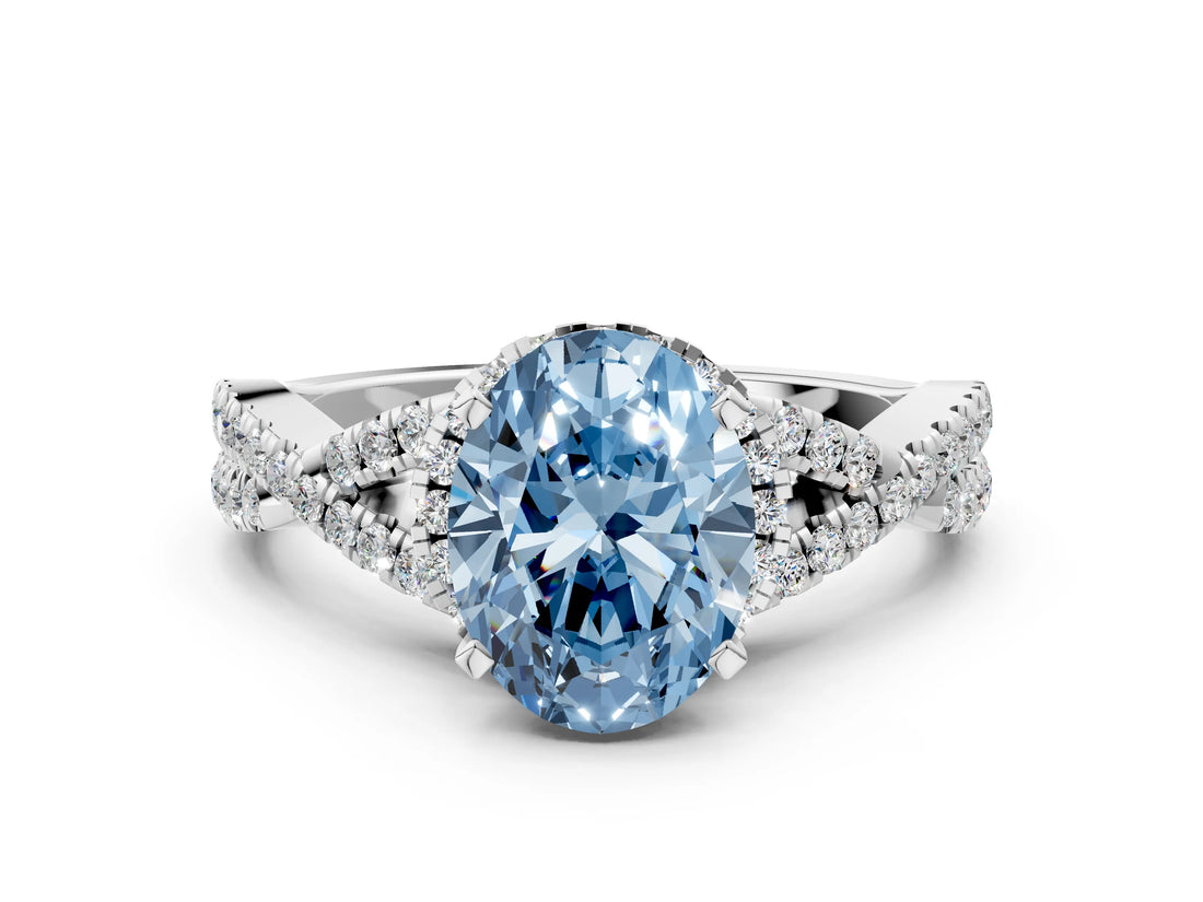 Silver Fancy Blue Oval Cut Diamond  Halo Twist Band Solitaire Prong Setting Ring_12