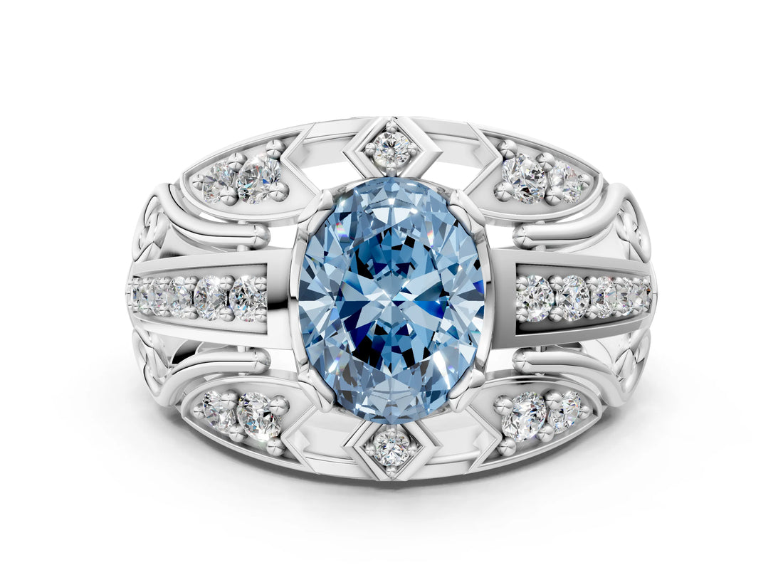 Silver Fancy Blue Oval Cut Diamond Pave Art Deco Split Shank Ring with Four-Prong Setting_6