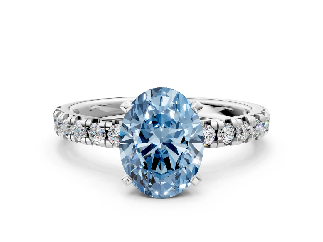 Silver Fancy Blue Oval Cut Diamond Solitaire Pavé Engagement Ring with Round Band and Prong Setting_2