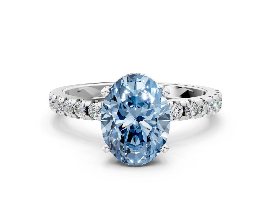 Silver Fancy Blue Oval Cut Diamond Solitaire Ring with Round  Pavé Band and Four-Prong Setting_36