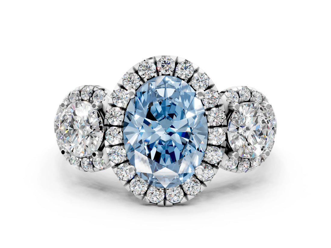 Silver Fancy Blue Oval Cut Diamond Three-Stone Halo Ring with Prong Setting and Pavé Accents_12