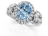 Silver Fancy Blue Oval Cut Diamond Three-Stone Halo Ring with Prong Setting and Pavé Accents_13