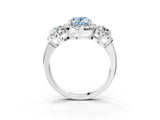 Silver Fancy Blue Oval Cut Diamond Three-Stone Halo Ring with Prong Setting and Pavé Accents_15