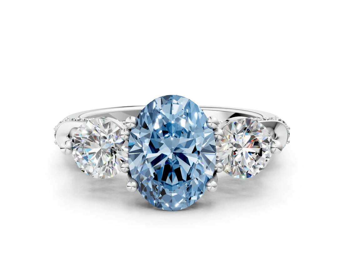 Silver Fancy Blue Oval Cut Diamond Three-Stone Ring with Prong Setting and Pavé Band_12