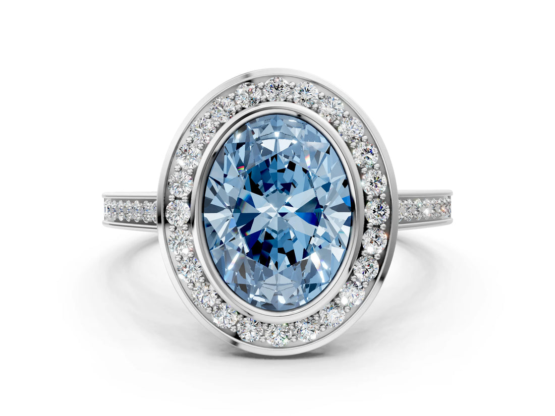Silver Fancy Blue Oval Cut Halo Bezel Diamond Pave Band Ring_6