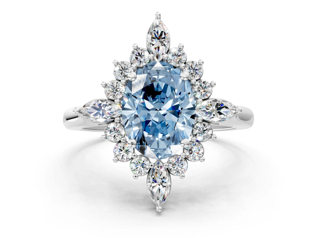 Silver Fancy Blue Oval Cut Halo Diamond Cluster Ring with Marquise and Round Stones on a White Gold Band with Prong Setting