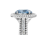 Silver Fancy Blue Oval Cut Halo Diamond Ring with Beaded Split Shank and Four-Prong Setting_11