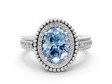 Silver Fancy Blue Oval Cut Halo Diamond Ring with Beaded Split Shank and Four-Prong Setting_6