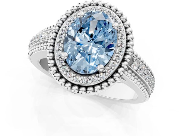Sterling Silver Oval Beaded Halo Engagement Ring Setting for Fancy Blue Center with Pave
