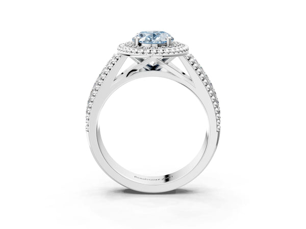 Sterling Silver Oval Beaded Halo Engagement Ring Setting for Fancy Blue Center with Pave