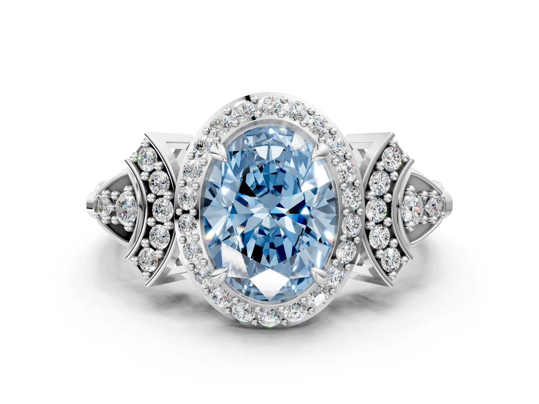Silver Fancy Blue Oval Cut Halo Diamond Split Shank Engagement Ring with Four-Prong Setting_18