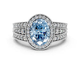 Silver Fancy Blue Oval Cut Halo Diamond Split Shank Ring with Prong Setting_6