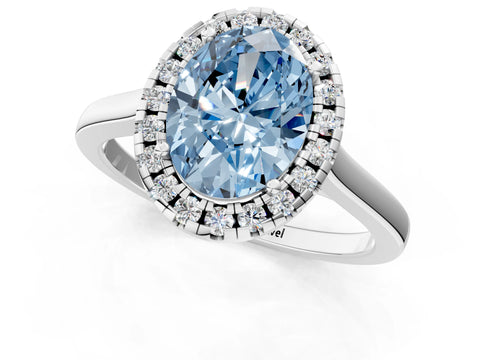Silver Fancy Blue Oval Cut Halo Round Diamond Solitaire Ring with Pavé Band and Four-Prong Setting_25