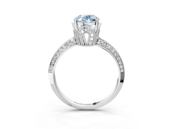 Sterling Silver Oval Graduated Pave Engagement Ring Setting for Fancy Blue Center