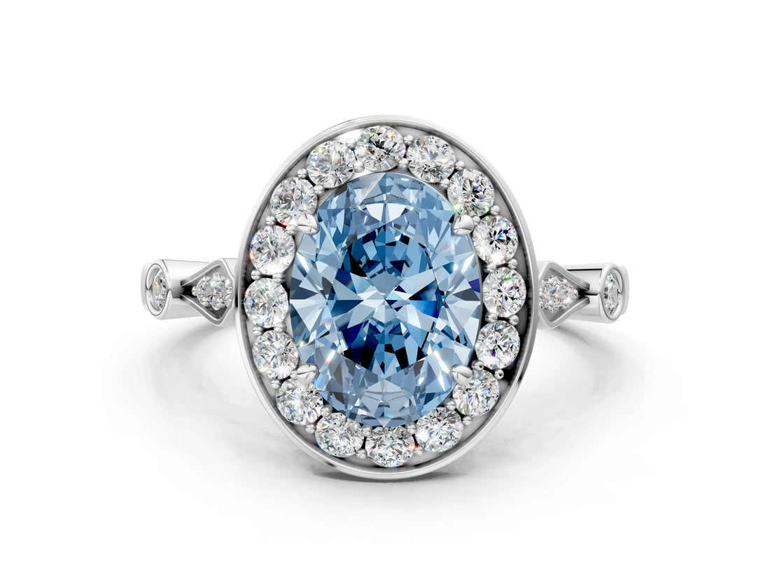 Silver Fancy Blue Oval  Halo Diamond Engagement Ring with Twisted Band and Four-Prong Setting