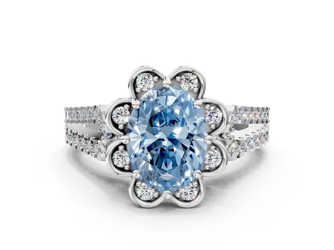 Silver Fancy Blue Oval  Halo Diamond Floral Split Shank Engagement Ring