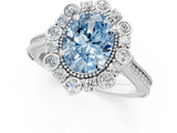 Silver Fancy Blue Oval  Halo Milgrain Pave Diamond Ring with Four-Prong Setting 1