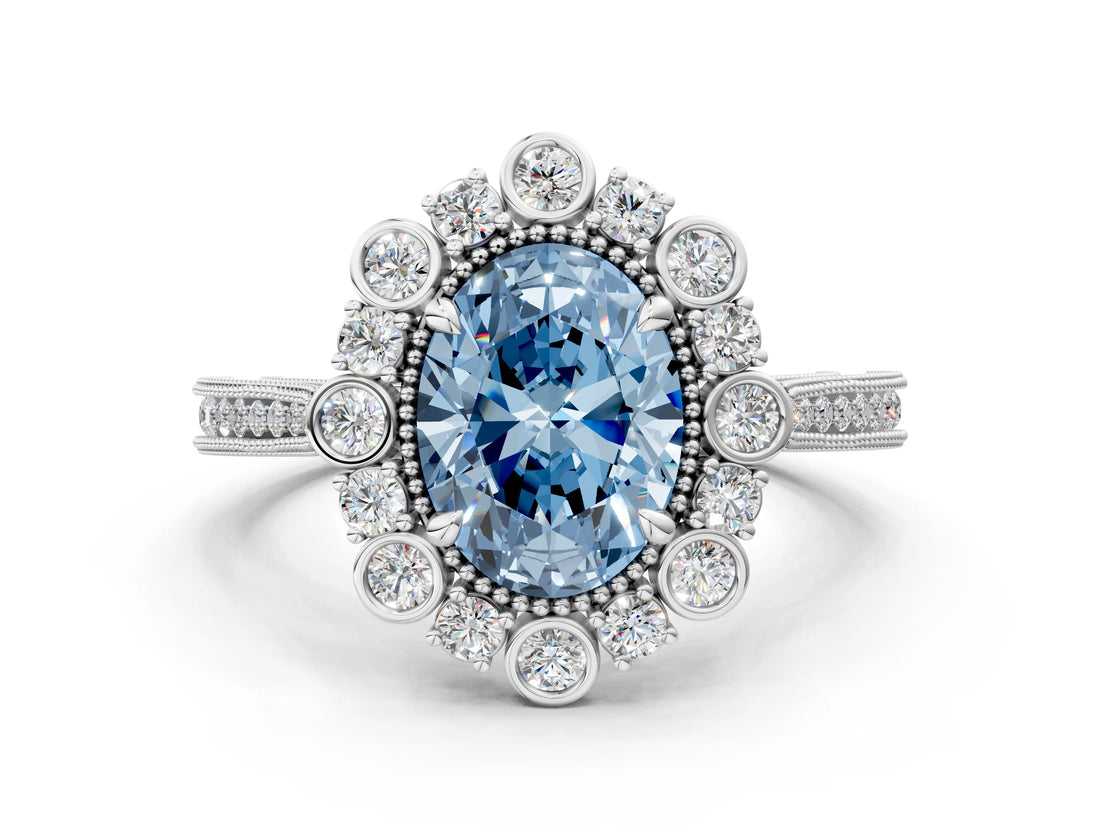 Silver Fancy Blue Oval  Halo Milgrain Pave Diamond Ring with Four-Prong Setting
