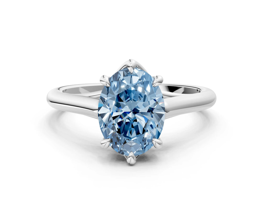 Silver Fancy Blue Oval  Solitaire Engagement Ring with Six-Prong Setting and Classic Band