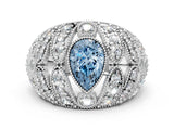 Silver Fancy Blue Pear Cut Brilliant Halo Pave Diamond Milgrain Ring_6