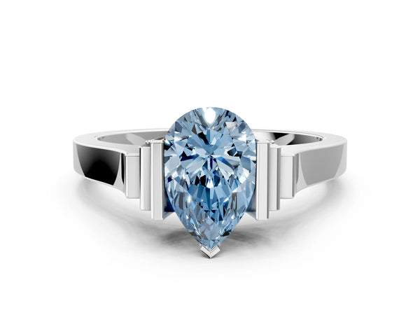Silver Fancy Blue Pear Cut Brilliant Solitaire Diamond Ring with Channel Set Band and Bar Prong Setting