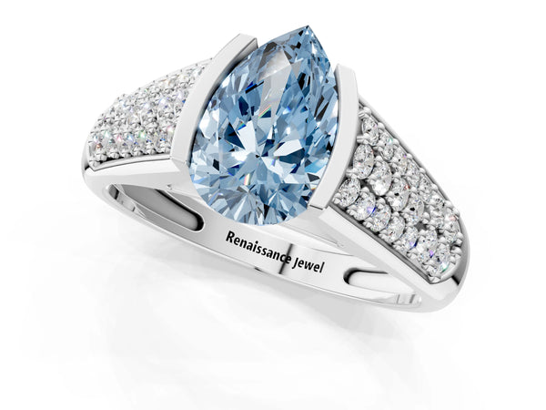 Silver Fancy Blue Pear Cut Diamond Channel Set Pave Band with Tension Prong Setting