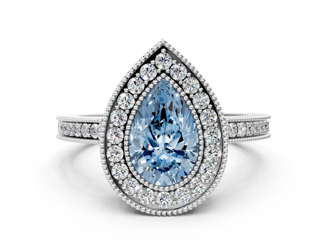 Silver Fancy Blue Pear Cut Cut Halo Pavé Diamond Ring_6