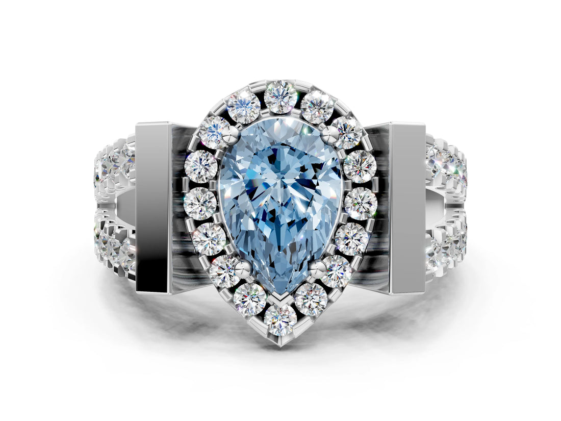 Silver Fancy Blue Pear Cut Cut Halo Split Shank Prong Set Ring_6
