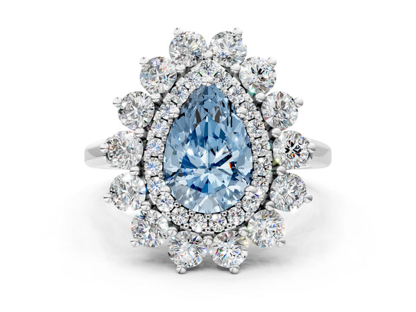 Sterling Silver Pear-Shaped Floral Double Halo Engagement Ring Setting for Fancy Blue Center