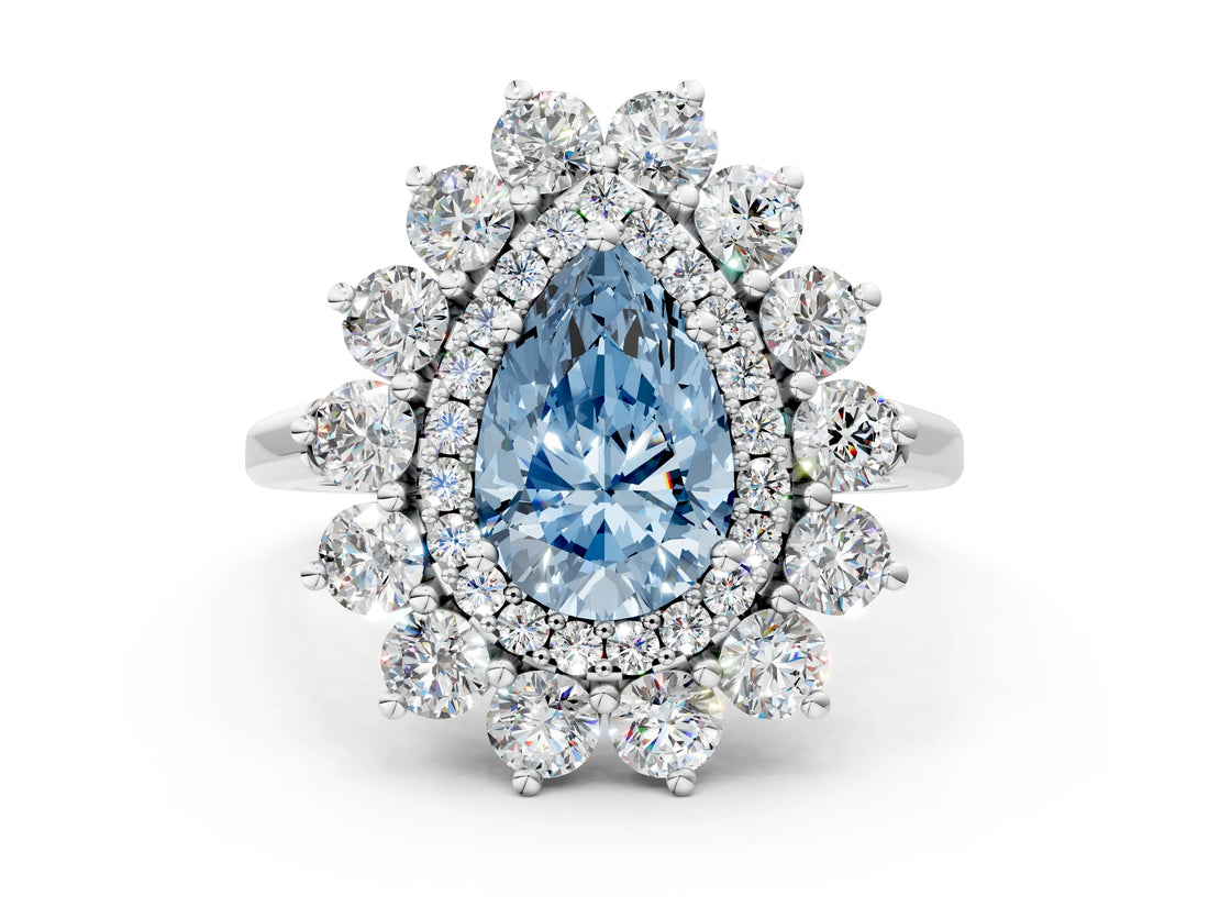 Silver Fancy Blue Pear Cut Diamond Floral Double Halo Engagement Ring with Prong Setting_54