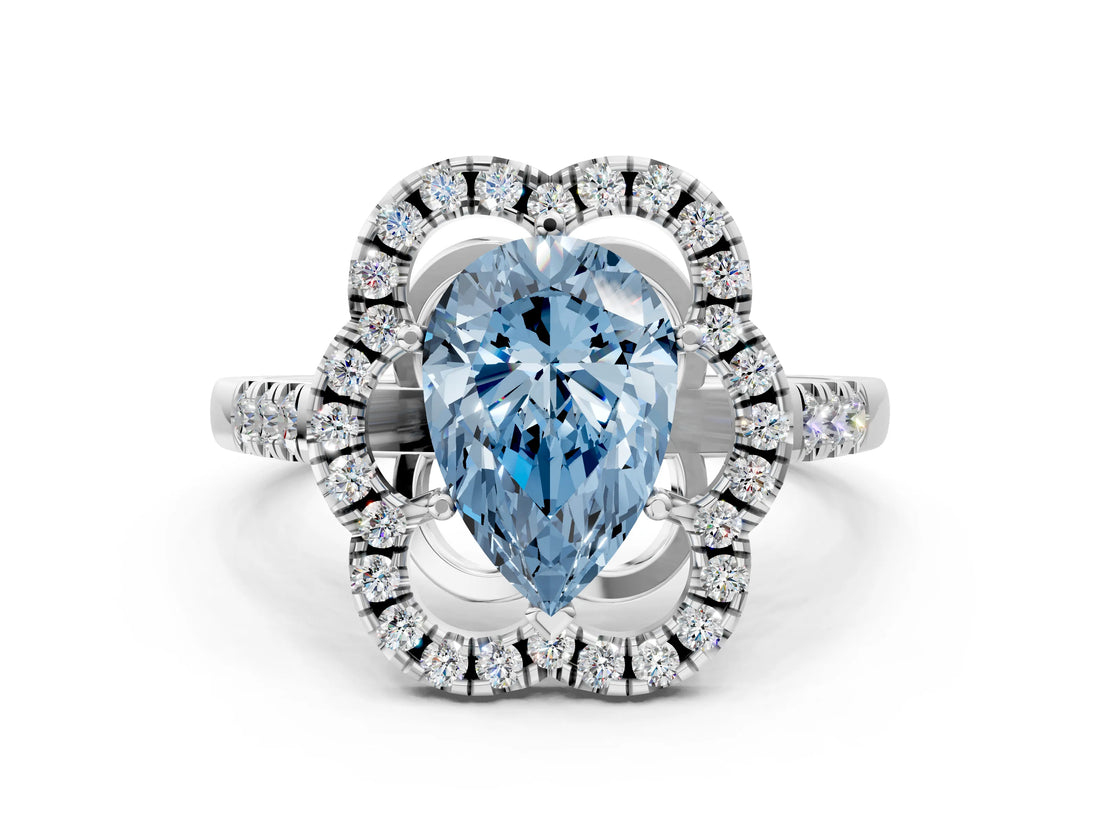 Silver Fancy Blue Pear Cut Diamond Floral Halo Split Shank Prong Setting Ring_6