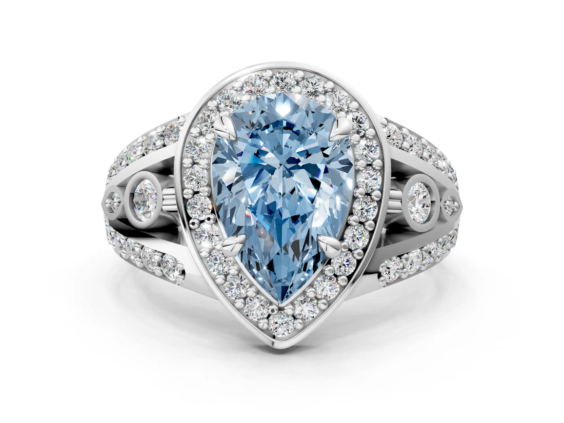 Silver Fancy Blue Pear Cut Diamond Halo Ring with Split Shank and Bezel Accents and Four-Prong Setting_6